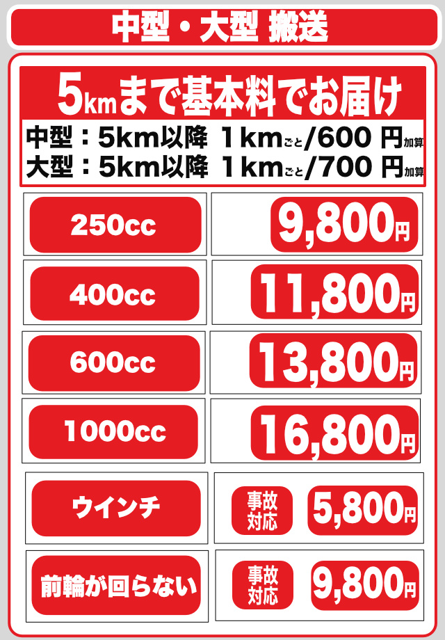 中型大型バイクの事故故障の搬送料金表です
250cc/¥9800~ 400cc/¥11800~  600cc/¥13800~  
1000cc/¥16800.~ウインチ5800~ 前輪が回らない場合/¥9800~