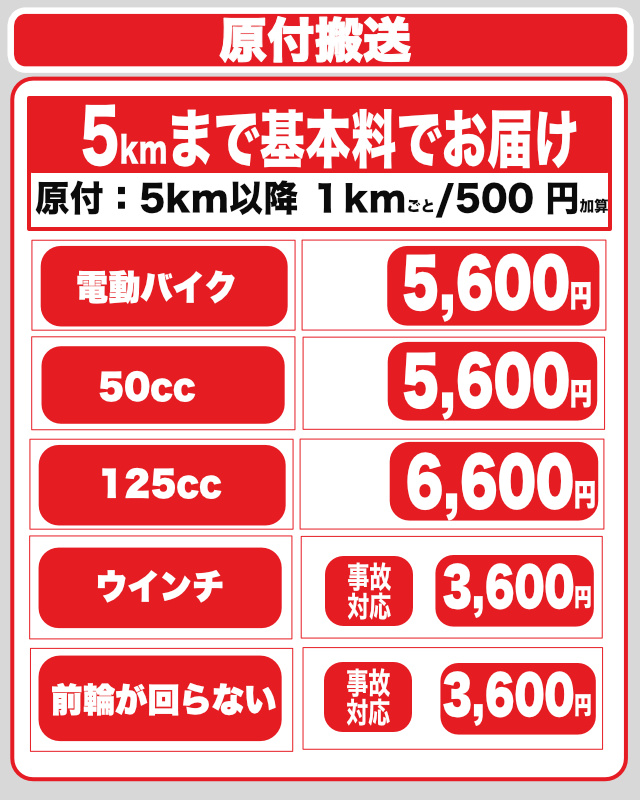 原付の事故故障の搬送料金表　50cc/¥5600~ 125cc/¥6600~
ウインチ/¥3600~.  前輪が回らない場合/¥3600~